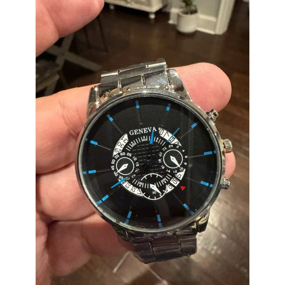 Budget friendly silver watch black dial blue accents